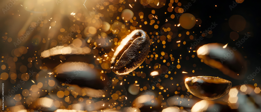Close up of flying roasted coffee beans with golden shimmer, particles. Macro shot of coffee for advertising, cafe banner. Generative ai Close up of flying roasted coffee beans with golden shimmer, particles. Macro shot of coffee for advertising, cafe banner. Generative ai