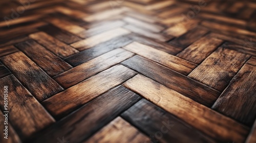 Close-up shot of a wooden parquet floor with rich, warm tones and intricate herringbone pattern, ideal for websites or materials related to home improvement, interior design