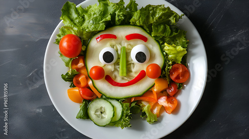 the vegetables on the plate in the form of a smile,funny vegetables on a plate,Face decorated with vegetables
 photo