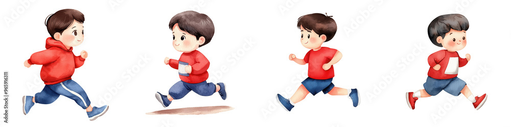 Illustration of a young boy running with determination. Depicts energy and motion in a red hoodie and blue shorts.