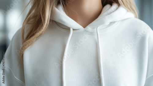 This image features a model with blonde hair wearing a plain white hoodie. The model is photographed indoors, highlighting the hoodie’s texture and simplicity.