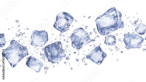 The transparent and textured surface of an ice cube drops on white, isolated.