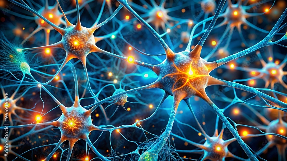 A highly detailed depiction of neural networks within the brain illuminated by bright glowing synapses signifying neural activity A highly detailed depiction of neural networks within the brain illuminated by bright glowing synapses signifying neural activity