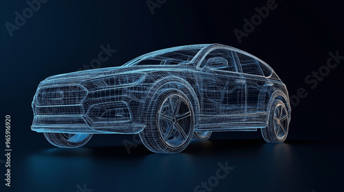 A digital wireframe rendering of a car model on a dark background. The representation shows intricate details of the vehicle's structure, including wheels, body, and internal components.