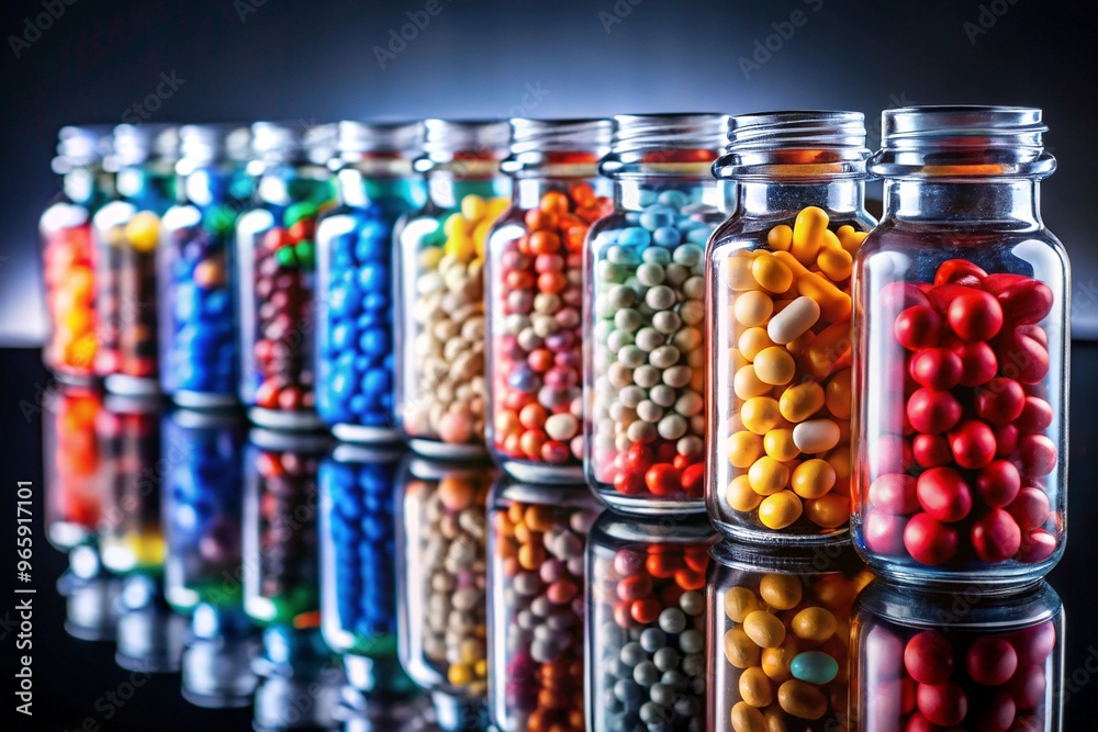 A visually striking image showcasing a row of glass jars filled with a variety of colorful pills and tablets creating a vibrant display A visually striking image showcasing a row of glass jars filled with a variety of colorful pills and tablets creating a vibrant display