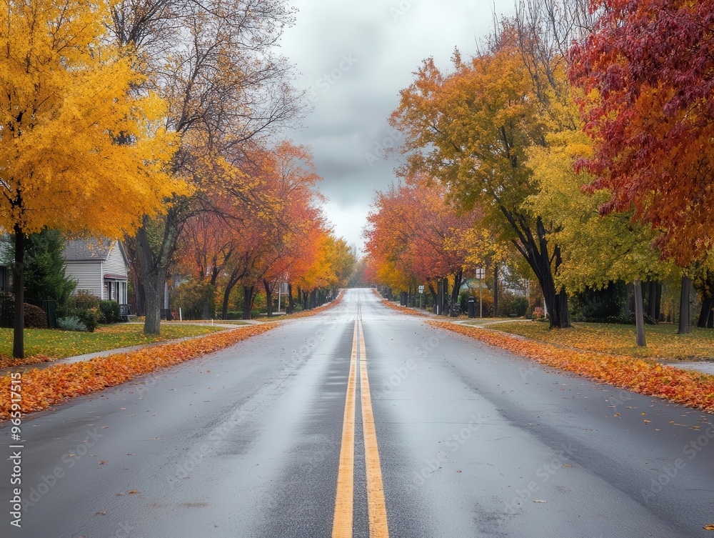 autumn cityscape with empty road lined by trees in vibrant fall colors moody overcast sky urban solitude
