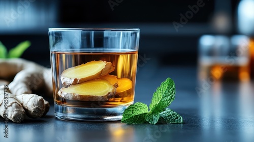 A glass of soothing ginger tea garnished with fresh mint leaves set on a dark background, with pieces of fresh ginger nearby, promoting relaxation and health benefits. photo