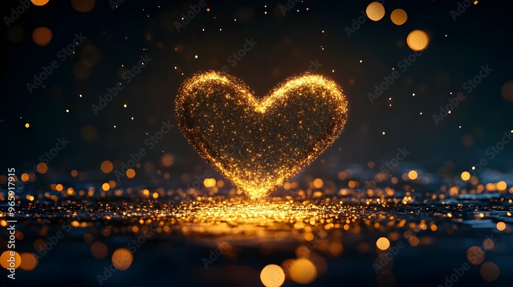 Golden heart glowing brightly on dark background picture Golden heart glowing brightly on dark background picture