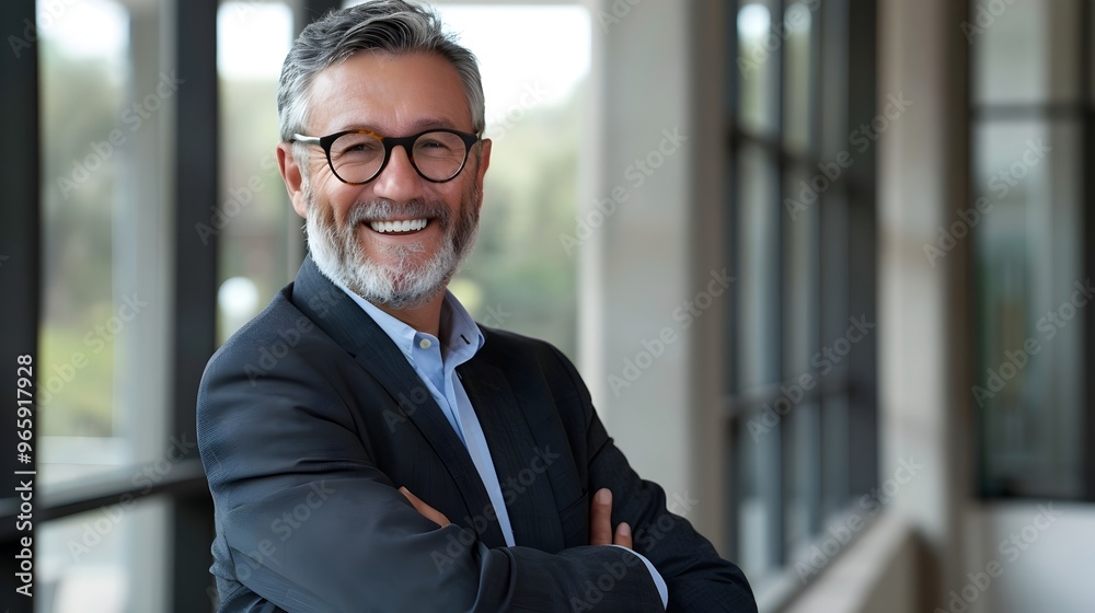 Successful Middle-Aged Executive Smiling Confidently in Office Environment