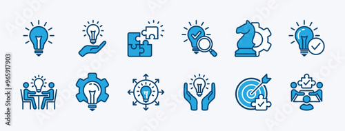 Set of solution icon. Containing problem solving, light bulb, idea, strategy, creativity, innovation, meeting, teamwork, connecting, management, puzzle, creative, invention, jigsaw vector illustration