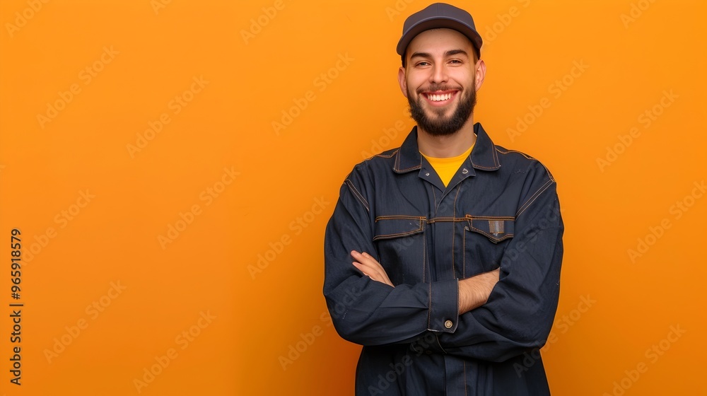 Confident Smiling Male Worker in Blue Uniform Crossed Arms Posture Confident Smiling Male Worker in Blue Uniform Crossed Arms Posture