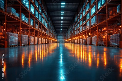 cavernous warehouse interior bathed in cool led illumination rows of energyefficient fixtures casting uniform light over organized shelving and machinery