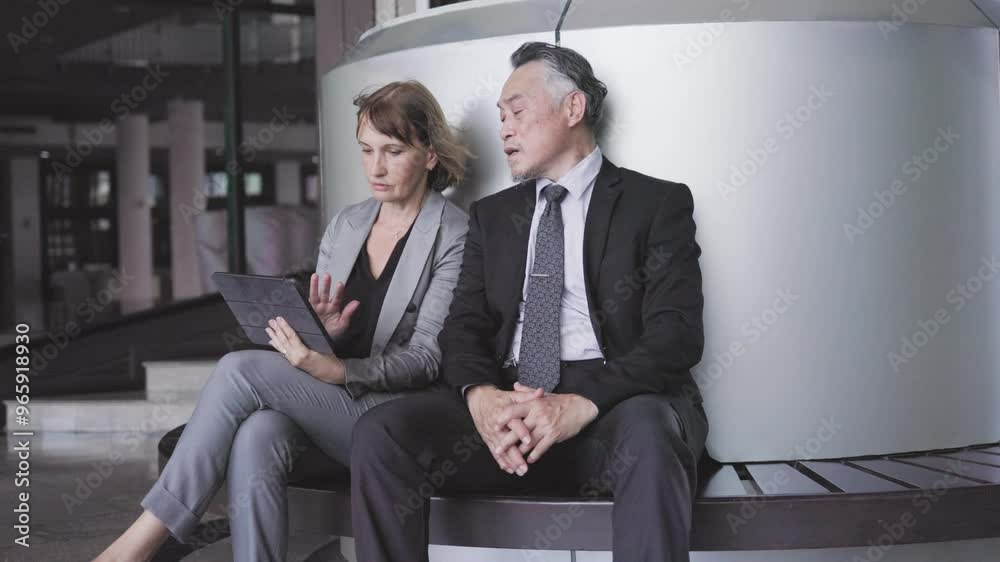 senior businessmen and woman are discussing business operations and using tablets senior businessmen and woman are discussing business operations and using tablets