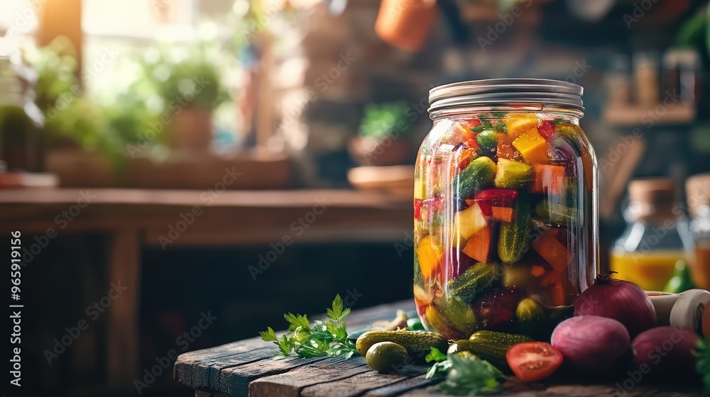 A close-up of a jar of homemade pickles and preserves made from locally sourced vegetables and fruits, with a rustic kitchen background A close-up of a jar of homemade pickles and preserves made from locally sourced vegetables and fruits, with a rustic kitchen background