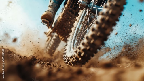 A dramatic close-up of a dirt bike tire kicking up dust as it speeds through an off-road event, capturing the intense motion and rugged terrain of the race environment. photo