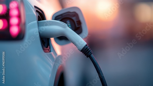 A modern scene of an electric vehicle connected to a charging station, representing the growing trend of clean energy and renewable resources, captured during sunset.