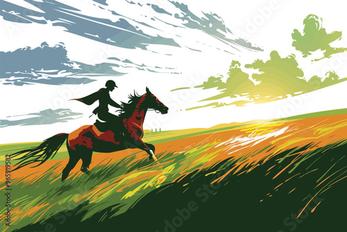 Rider and Horse in Motion Across Green Pastures isolated