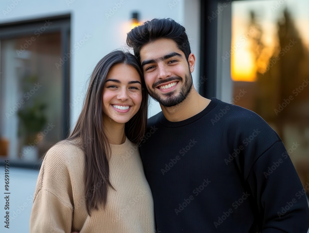 beaming young couple standing proudly in front of their new home warm natural lighting emphasizes their happiness and the welcoming facade of a modern residential property beaming young couple standing proudly in front of their new home warm natural lighting emphasizes their happiness and the welcoming facade of a modern residential property