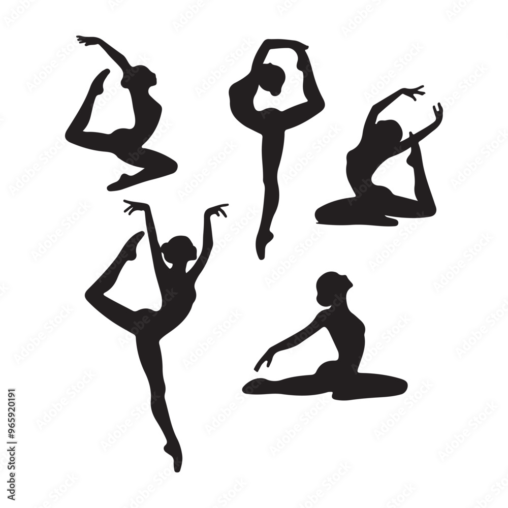 Female ballet dancing, woman contortionist exercising gymnastic yoga silhouette ,split jump girl gymnast black silhouette Female ballet dancing, woman contortionist exercising gymnastic yoga silhouette ,split jump girl gymnast black silhouette