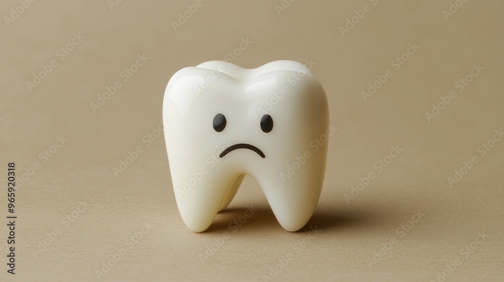 Toy teeth with a sad, upset face, symbolizing the pain of cavities and tooth decay, placed on a neutral background Toy teeth with a sad, upset face, symbolizing the pain of cavities and tooth decay, placed on a neutral background