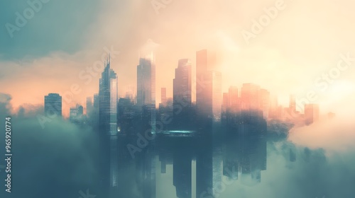 Cityscape in the Clouds at Sunset.