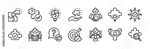 Business problem solving thin line icon vector. Solution, innovation, Inspiration, creative idea, creativity. Containing jigsaw puzzle pieces, support, help, question, teamwork, connection, meeting
