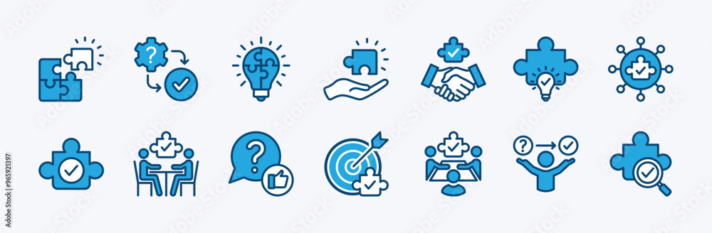 Set of business problem solving icon vector. Solution, innovation, Inspiration, creative idea, creativity. Containing jigsaw puzzle pieces, support, help, question, teamwork, connection, meeting Set of business problem solving icon vector. Solution, innovation, Inspiration, creative idea, creativity. Containing jigsaw puzzle pieces, support, help, question, teamwork, connection, meeting