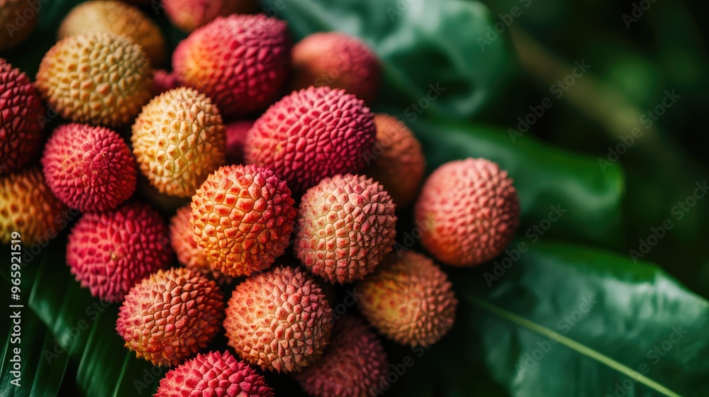 A close-up of ripe, juicy lychees with their textured red skins, piled together on a large green leaf A close-up of ripe, juicy lychees with their textured red skins, piled together on a large green leaf