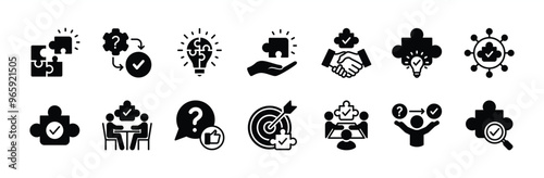 Business problem solving flat icon vector set. Solution, innovation, Inspiration, creative idea, creativity. Containing jigsaw puzzle pieces, support, help, question, teamwork, connection, meeting