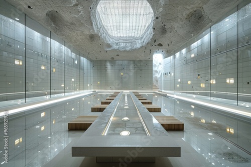 a long table with benches in a room with mirrors photo