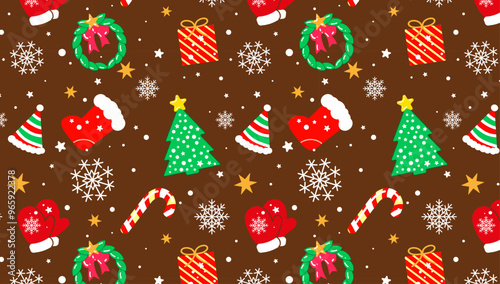 Xmas seamless pattern with Santa's boot, snowflakes, Christmas tree, gift, sweets, decor for packaging, clothing, cover, fabric, textile, wallpaper, backgrounds, vector