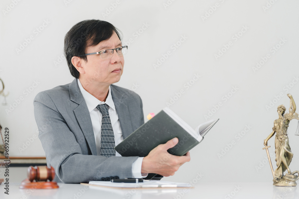 Professional man in suit reading book with thoughtful expression Professional man in suit reading book with thoughtful expression