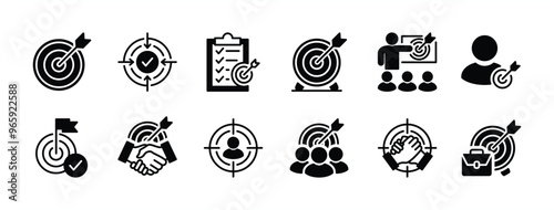 Business target icon vector set. Containing arrow, dartboard, aim, focus, goal, objective, purpose, bullseye, accuracy for checklist, human resource, teamwork, group people, strategy, agreement