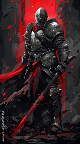 A powerful knight stands bravely, clad in armor, with a dramatic backdrop of red, representing strength and courage. photo