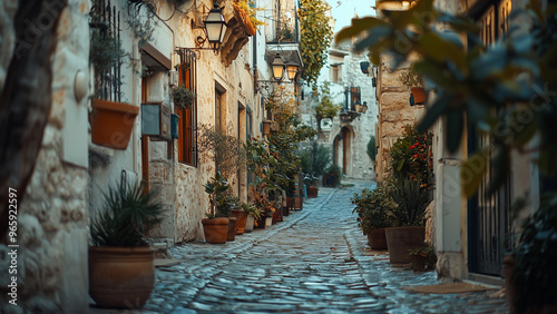 Cobblestone Alley - street, alley, cobblestone, stone, potted plants, lantern, historic, quaint, charming, rustic, old buildings, vines, European, narrow, architecture photo