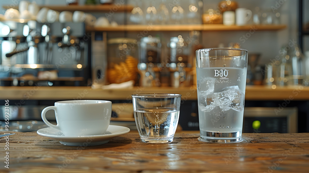 A glass of water and an empty coffee cup A glass of water and an empty coffee cup