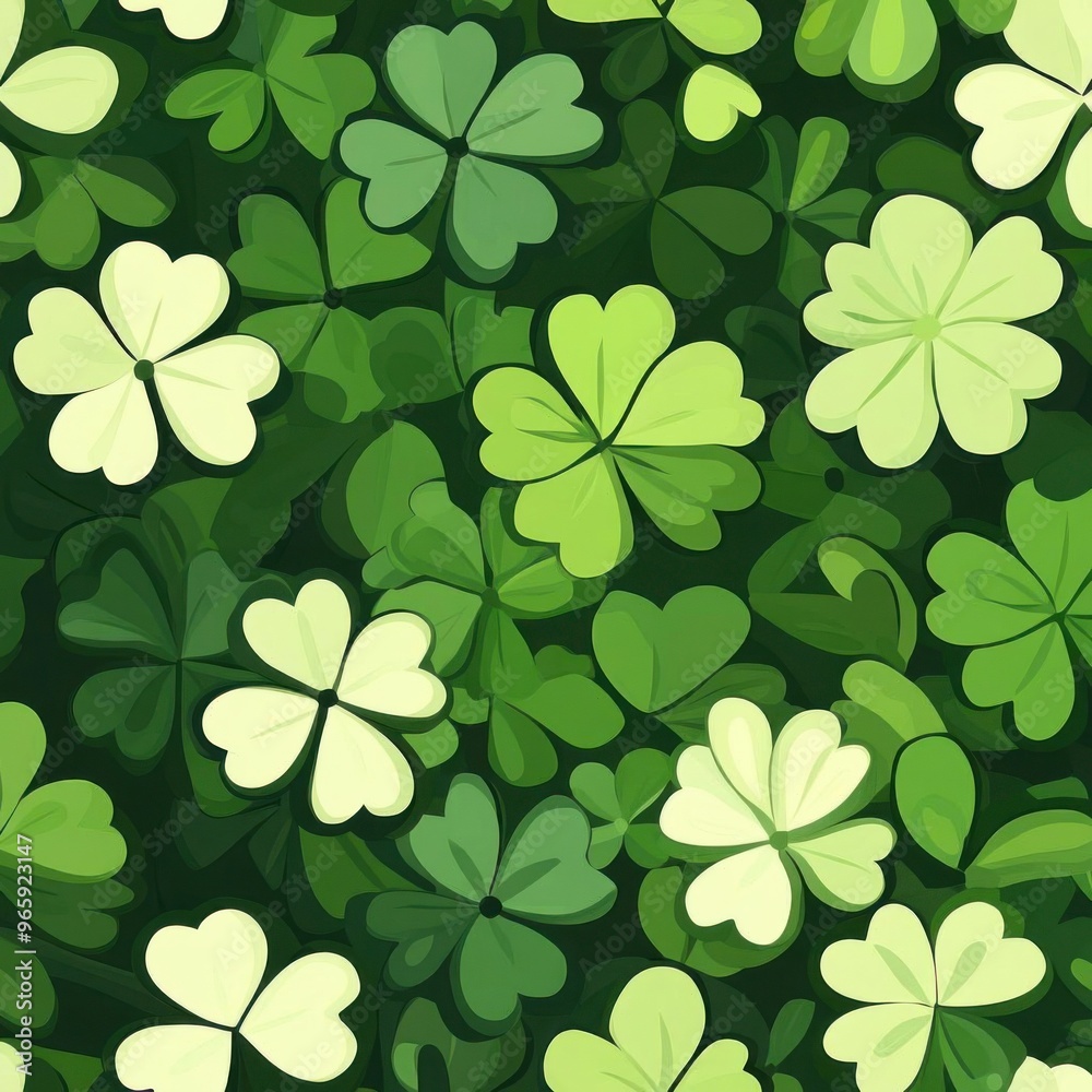 Clover shapes in repeating patterns, seamless repeat, lucky and whimsical, illustration seamless pattern fabric, no blur, photo not dark, everything is clear, copy space