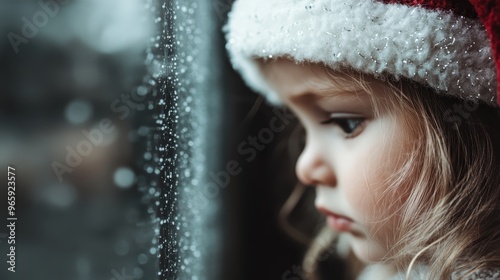 A child wistfully looking out a frosty window while wearing a knit hat, embodying a sense of contemplation and longing as they gaze at the snowy outdoors. photo