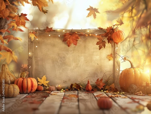 blank canvas surrounded by a whimsical arrangement of autumn leaves pumpkins and thanksgivingthemed decorations warm golden lighting evokes a cozy seasonal mood photo