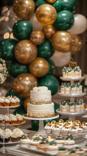 Delicious desserts displayed elegantly at a festive celebration, featuring a stunning cake and an array of tasty treats.