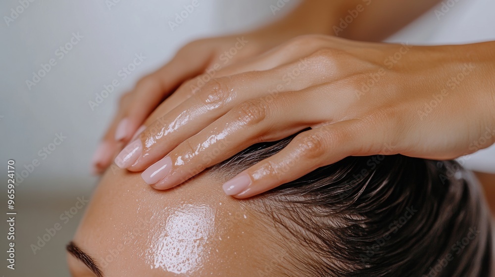 Fototapeta premium A woman getting a hair treatment with some lotion on her head, AI