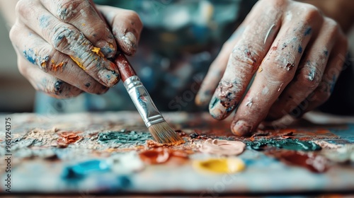 An artist's hands covered in paint hold a paintbrush over a colorful palette, depicting the creative and messy process of making art, filled with various hues of paint.