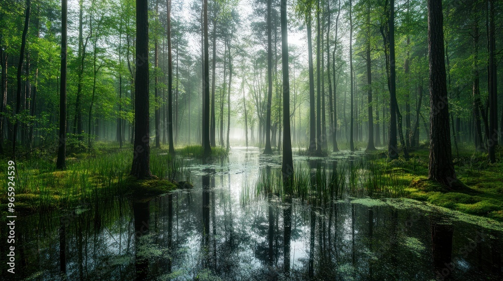 Fototapeta premium Panoramic view of foggy swamp in the forest