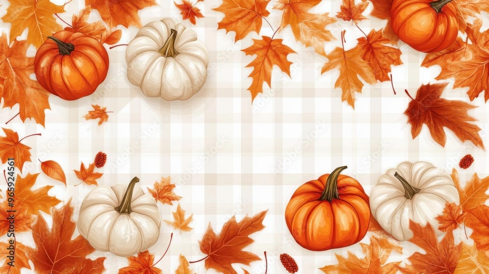 Fall leaves and pumpkins layered over gingham Fall leaves and pumpkins layered over gingham