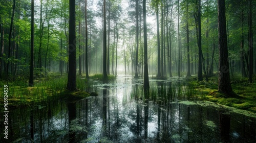 Panoramic view of foggy swamp in the forest