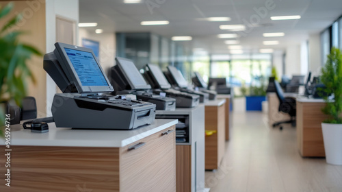 A bright, open-concept office with computers and workstations neatly arranged, creating an efficient, professional work environment.