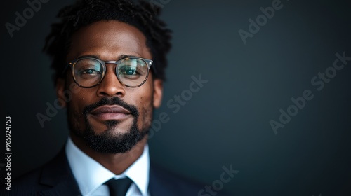 A man with glasses poses in a dark suit against a dark background with a serious expression, portraying professionalism, authority, and modern elegance in a corporate setting.