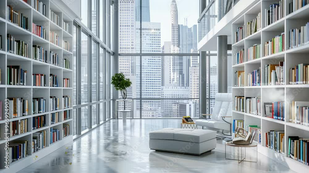 Animation office with big window. seamless 4k video looping background. generated with ai