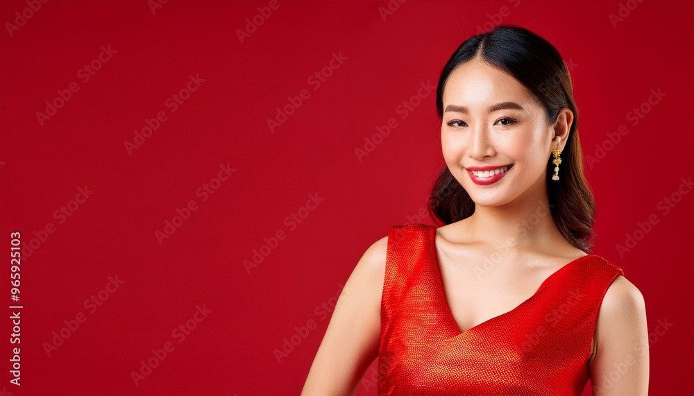 Beautiful young Asian woman smiling confidently in an elegant red dress, set against a vibrant red background, portrait exudes confidence, beauty, elegance, ideal for fashion, beauty, holiday