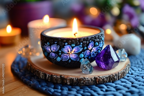 Spiritual energy glowing softly from a sacred space filled with candles, crystals, and symbols of peace and transformation photo